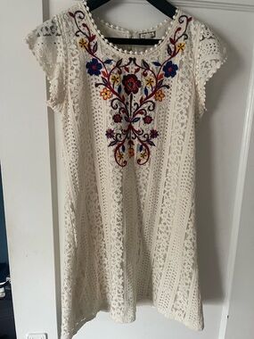 Cream Crochet Dress with Colorful Embroidered Floral Yoke